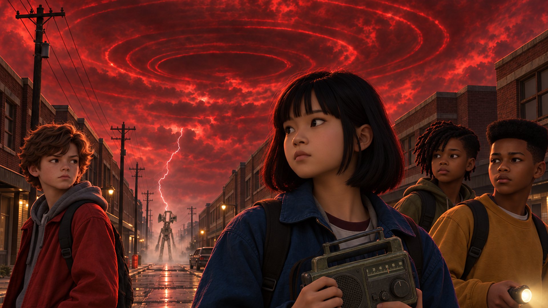 Cuatro niños con una radio bajo un cielo rojo de tormenta en el pueblo de Greyford